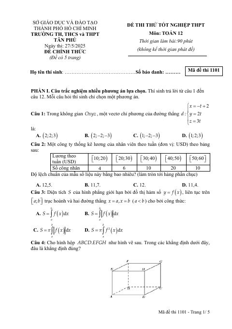Đề thi thử tốt nghiệp THPT 2025 môn Toán trường Tân Phú – TP HCM